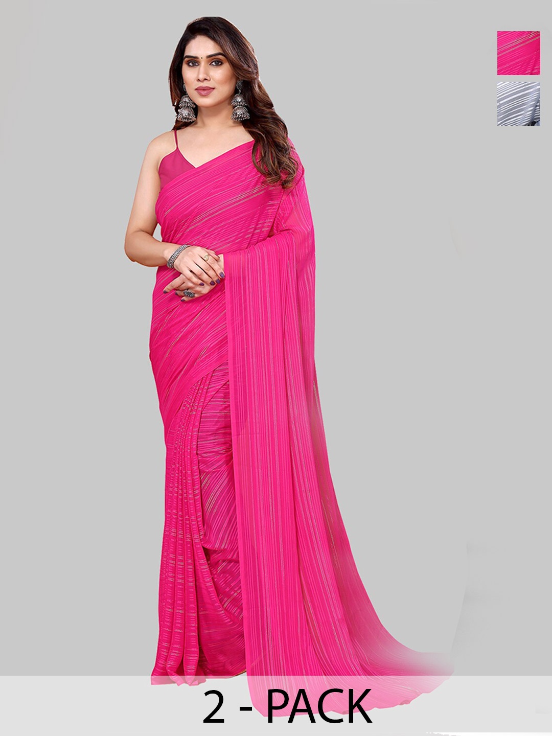 

ANAND SAREES Selection Of 2 Striped Satin Saree, Pink