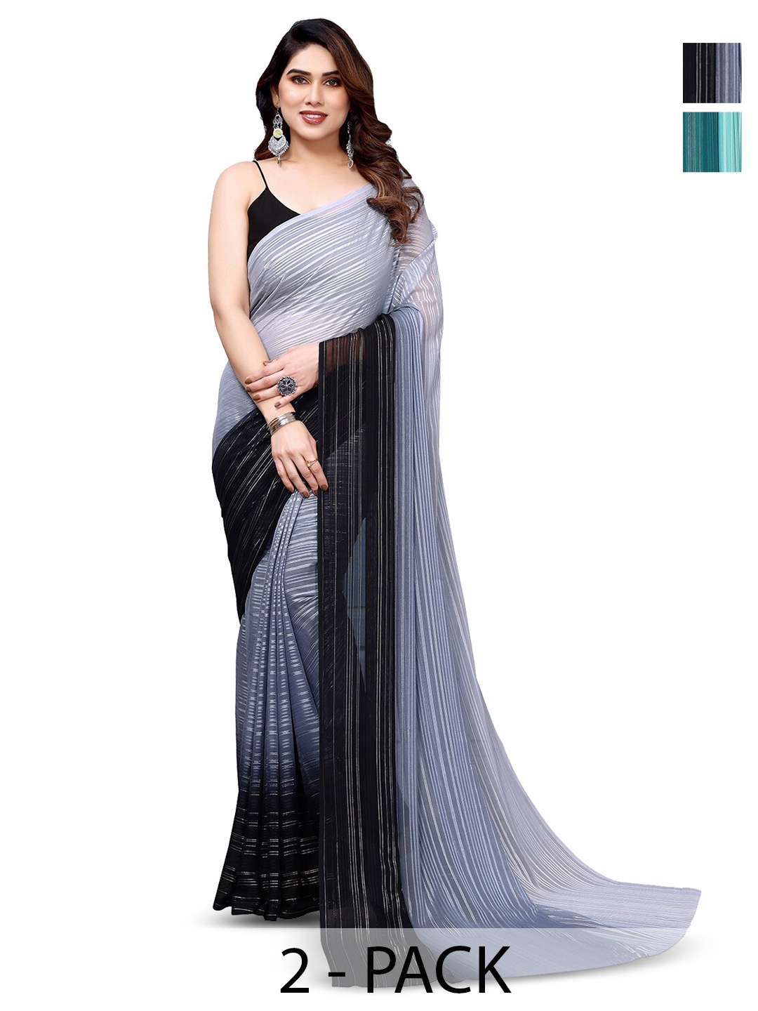 

ANAND SAREES Selection Of 2 Striped Printed Saree, Black