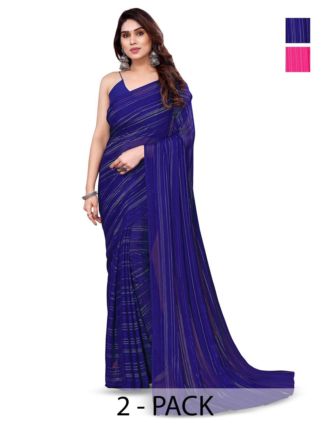 

ANAND SAREES Selection Of 2 Striped Satin Saree, Blue