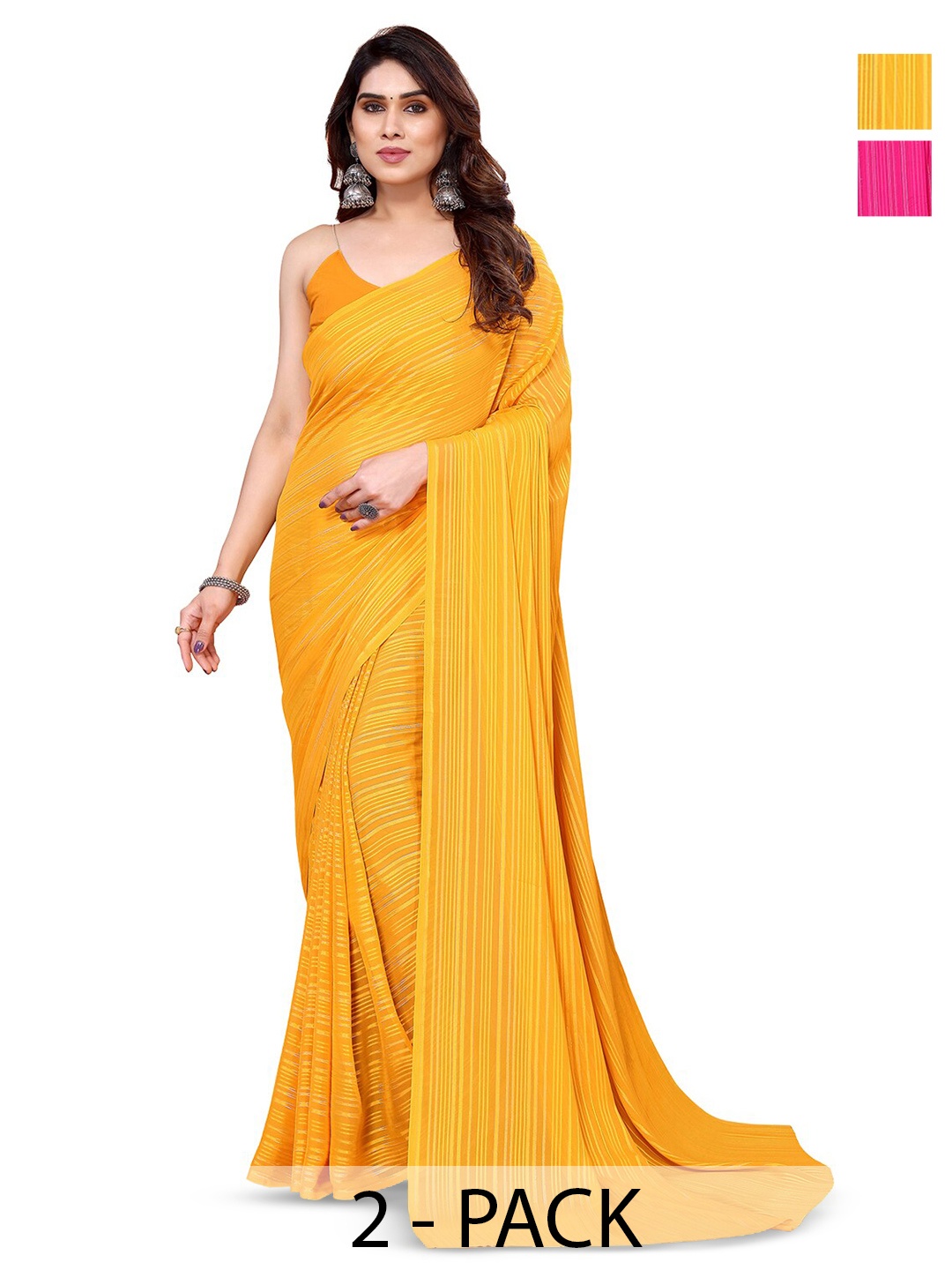 

ANAND SAREES Selection Of 2 Striped Satin Saree, Yellow