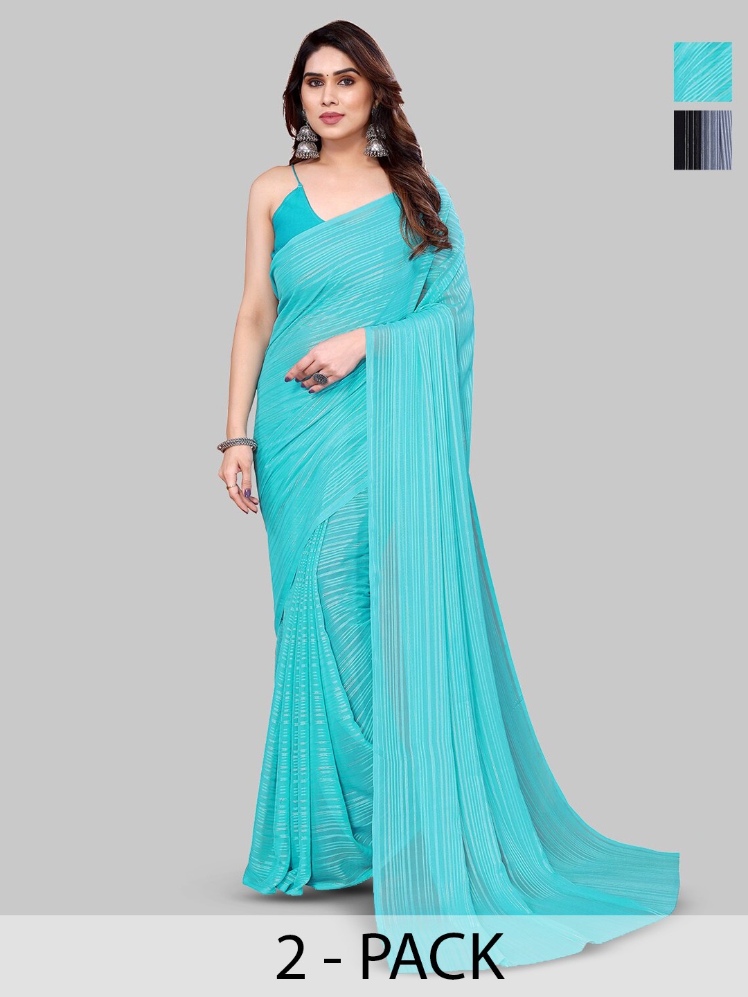 

ANAND SAREES Selection Of 2 Striped Satin Saree, Blue