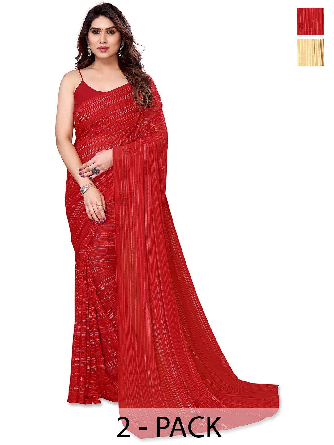 

ANAND SAREES Selection Of 2 Striped Satin Saree, Red