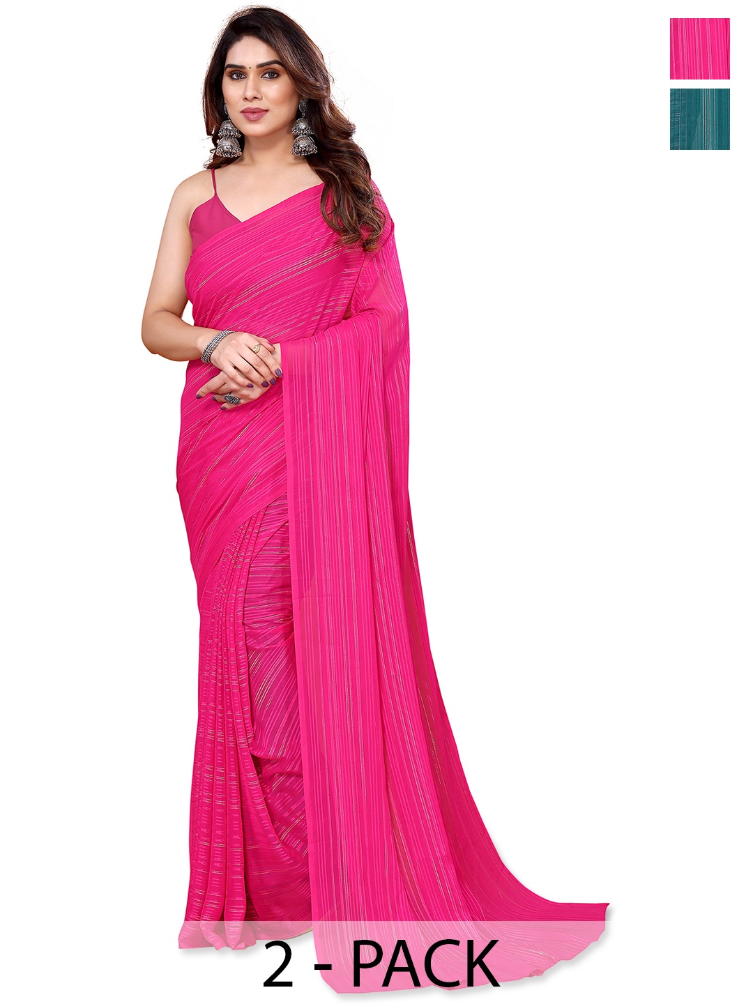 

ANAND SAREES Pack of 2 Striped Satin Saree, Pink