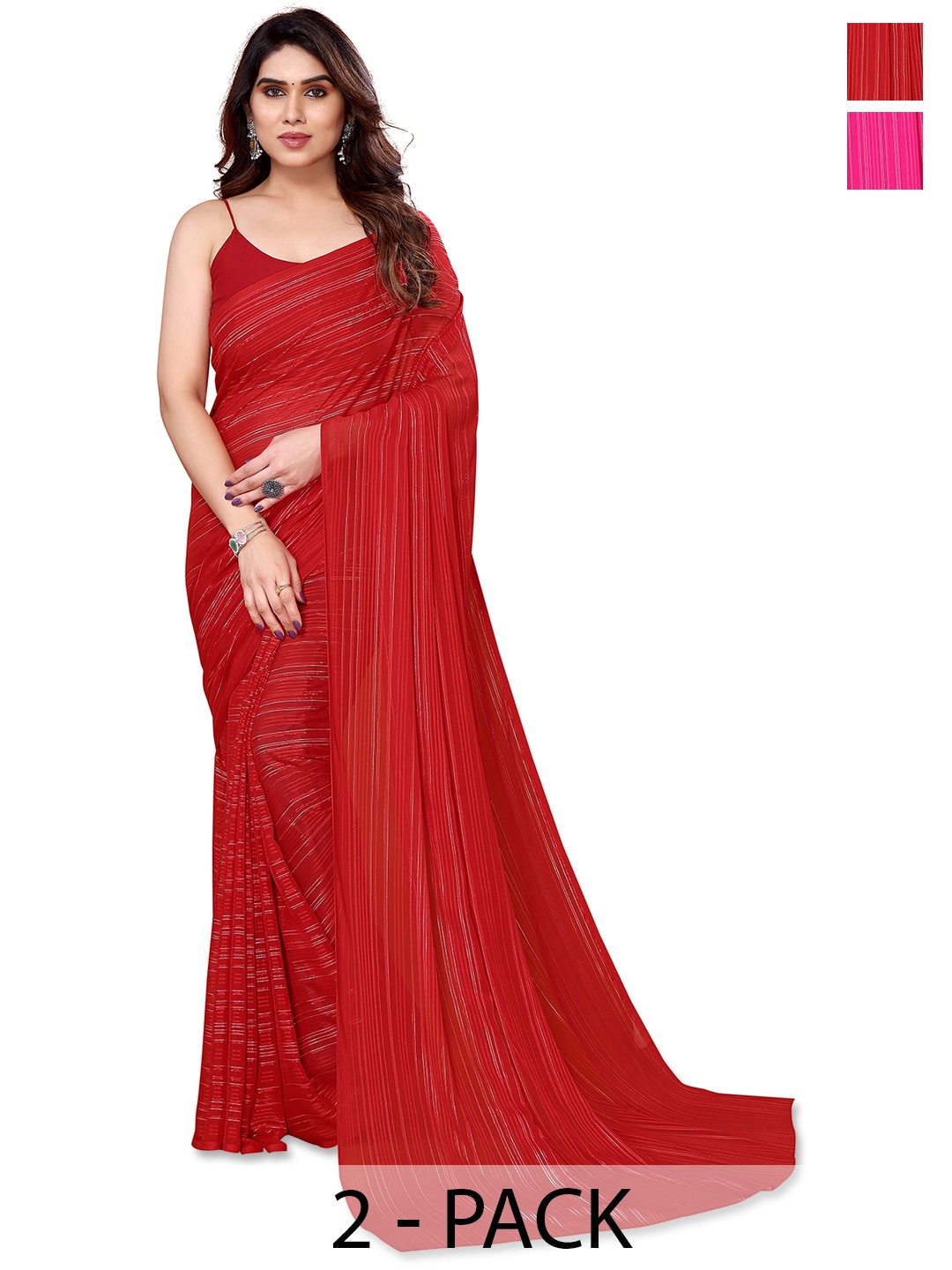 

ANAND SAREES Selection Of 2 Striped Satin Saree, Red