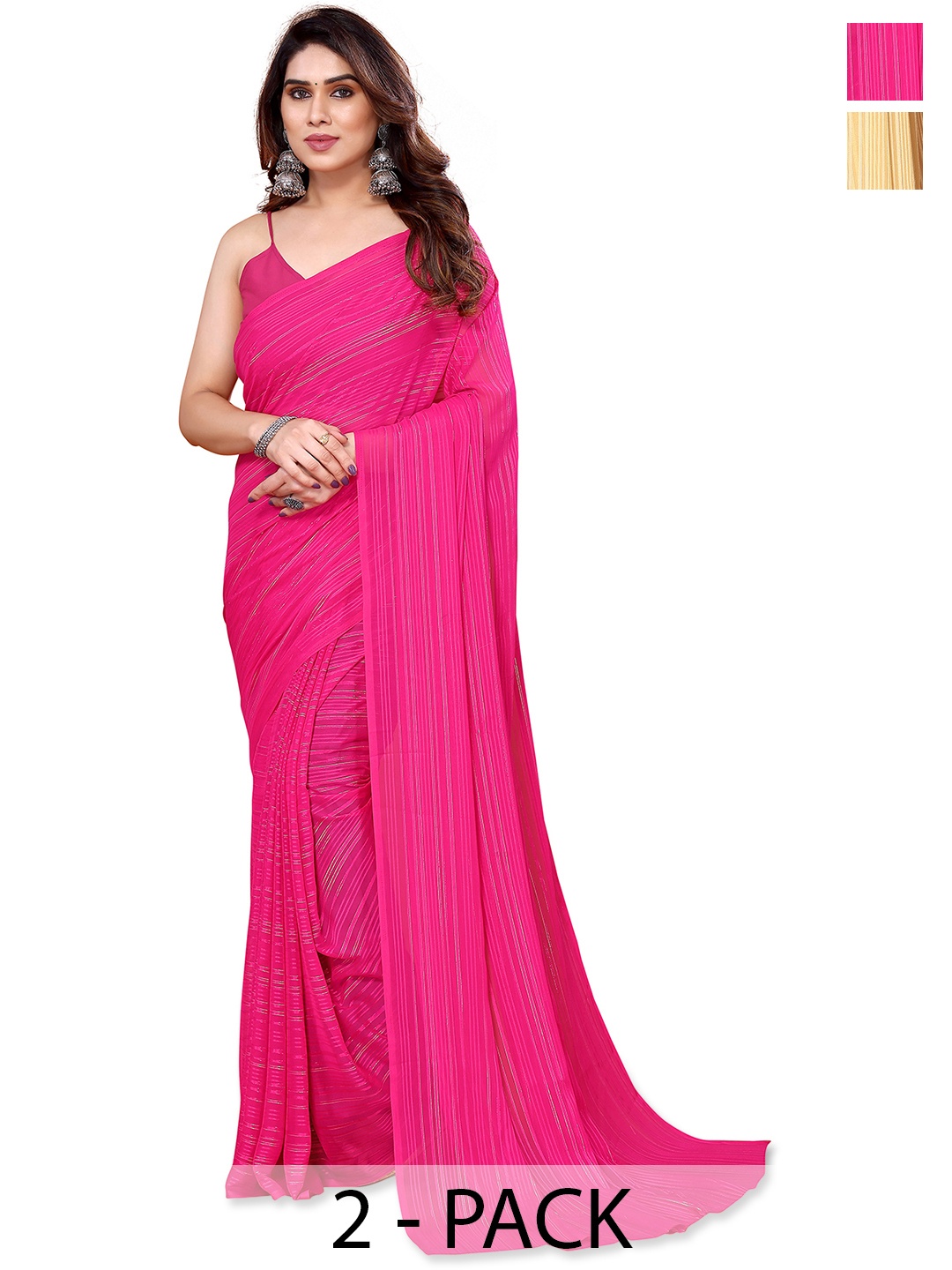 

ANAND SAREES Selection Of 2 Striped Satin Saree, Pink
