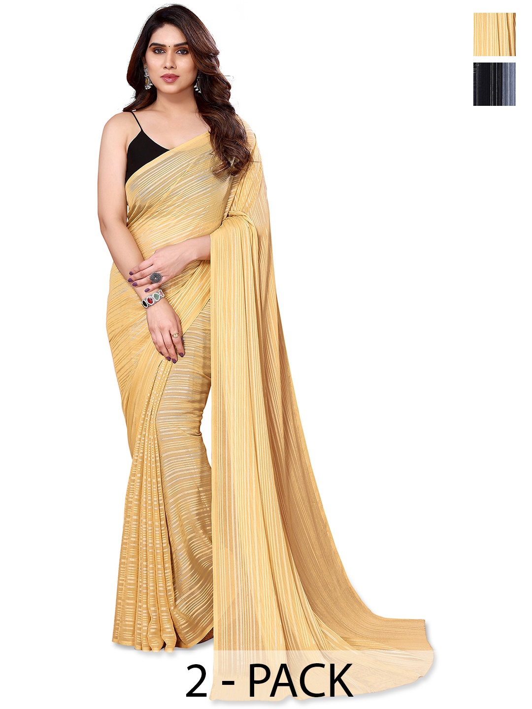 

ANAND SAREES Selection Of 2 Striped Satin Saree, Cream