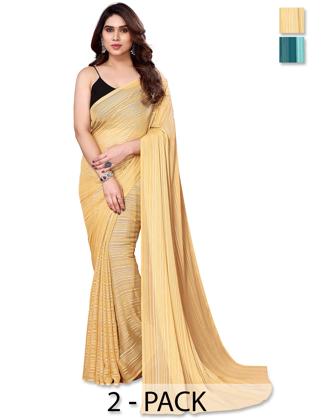 

ANAND SAREES Selection Of 2 Striped Satin Saree, Cream