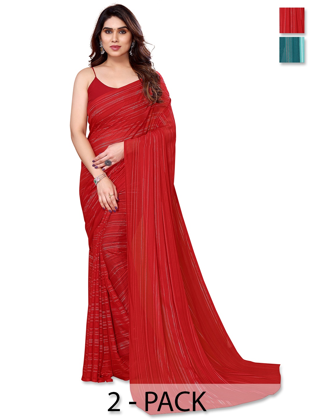 

ANAND SAREES Selection Of 2 Striped Satin Saree, Red