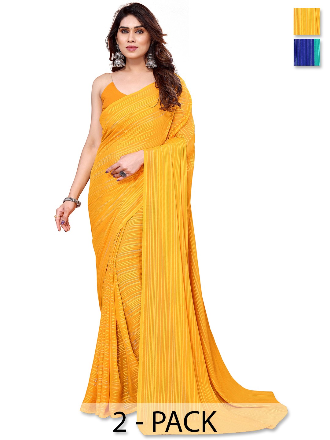 

ANAND SAREES Selection Of 2 Striped Satin Saree, Blue
