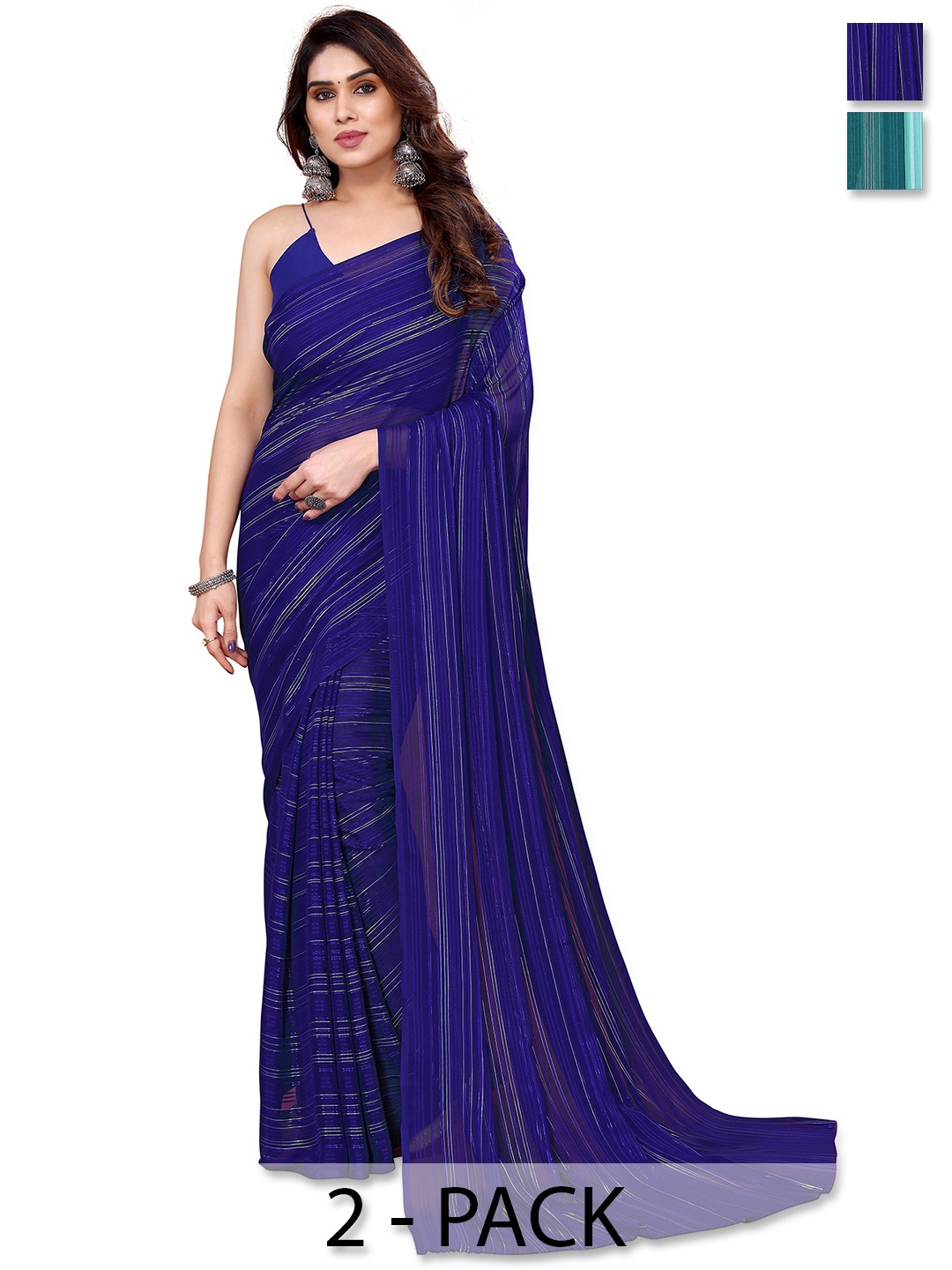 

ANAND SAREES Pack of 2 Satin Saree, Navy blue