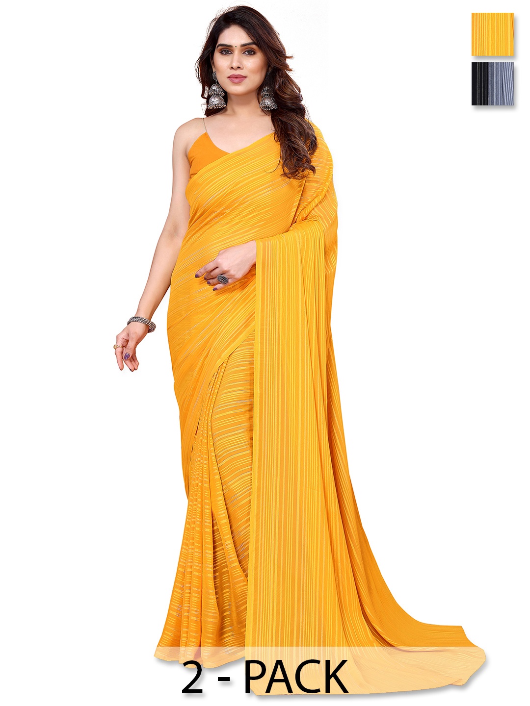 

ANAND SAREES Selection Of 2 Striped Satin Saree, Grey