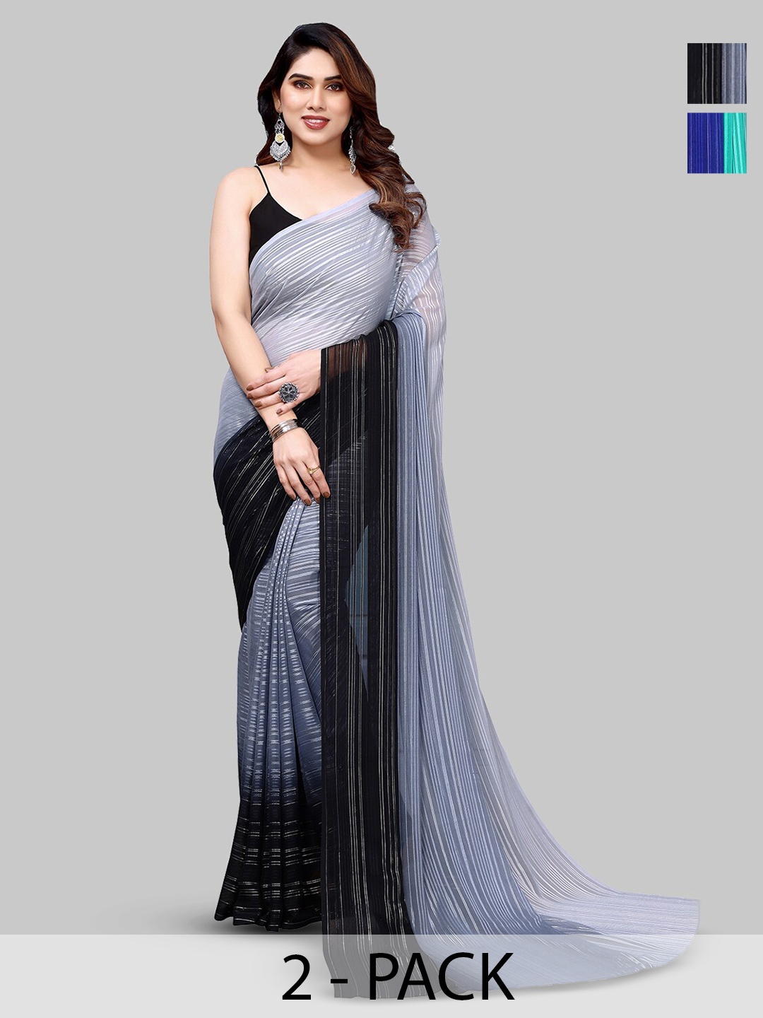 

ANAND SAREES Selection Of 2 Striped Satin Saree, Black