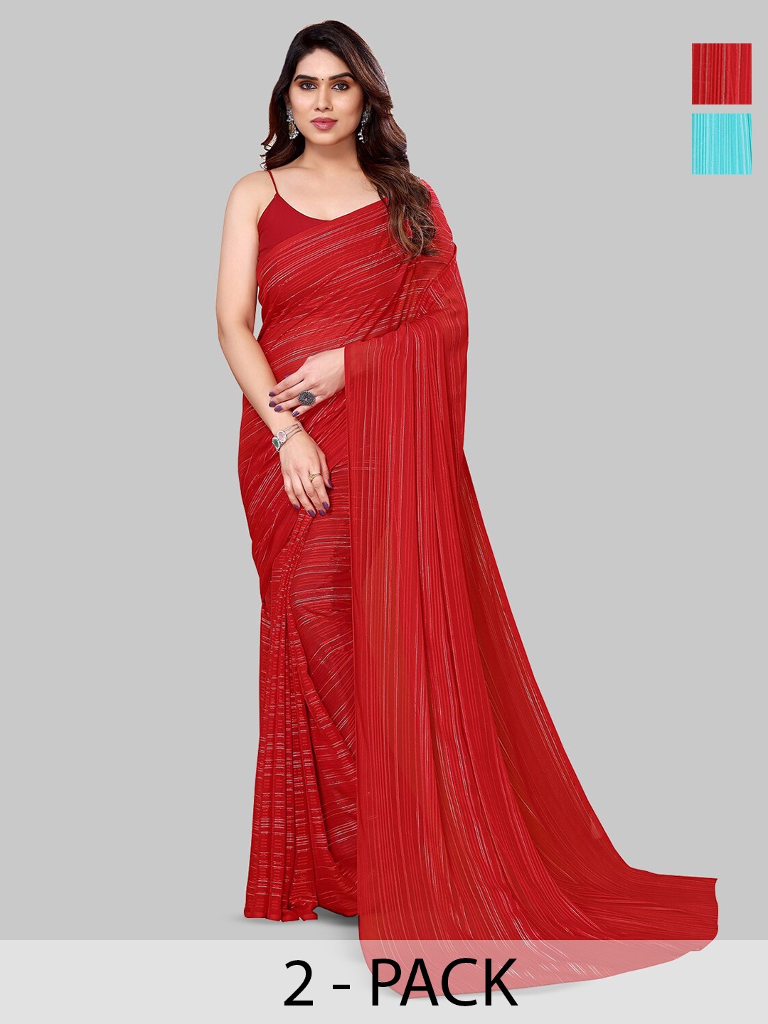 

ANAND SAREES Selection Of 2 Striped Satin Sarees, Red