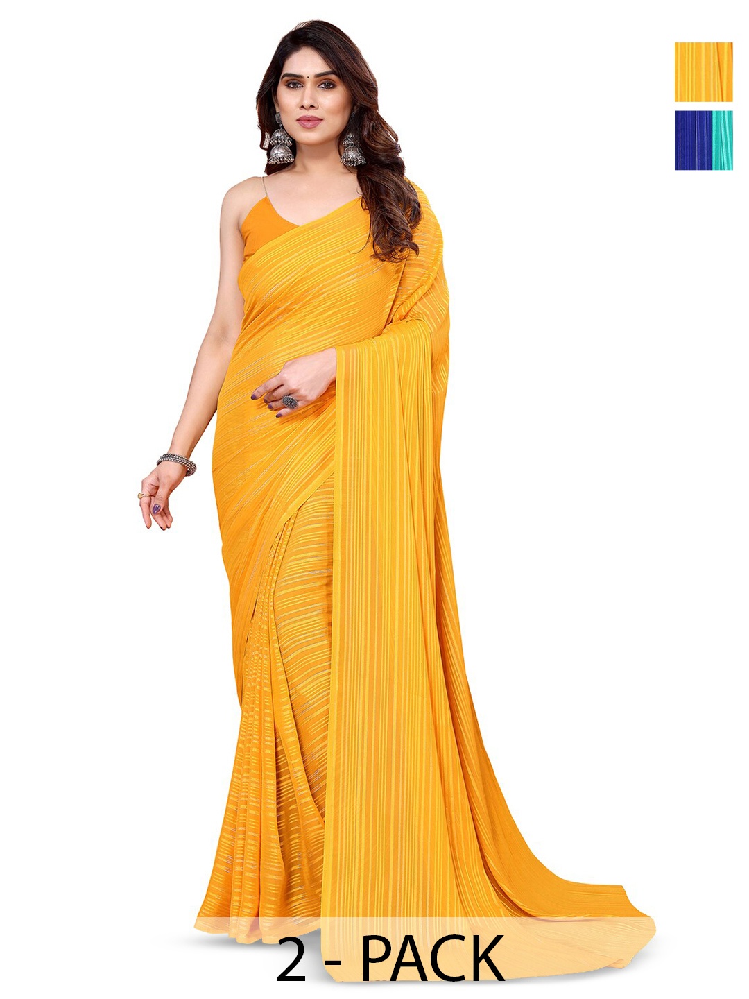 

ANAND SAREES Selection Of 2 Striped Satin Sarees, Yellow