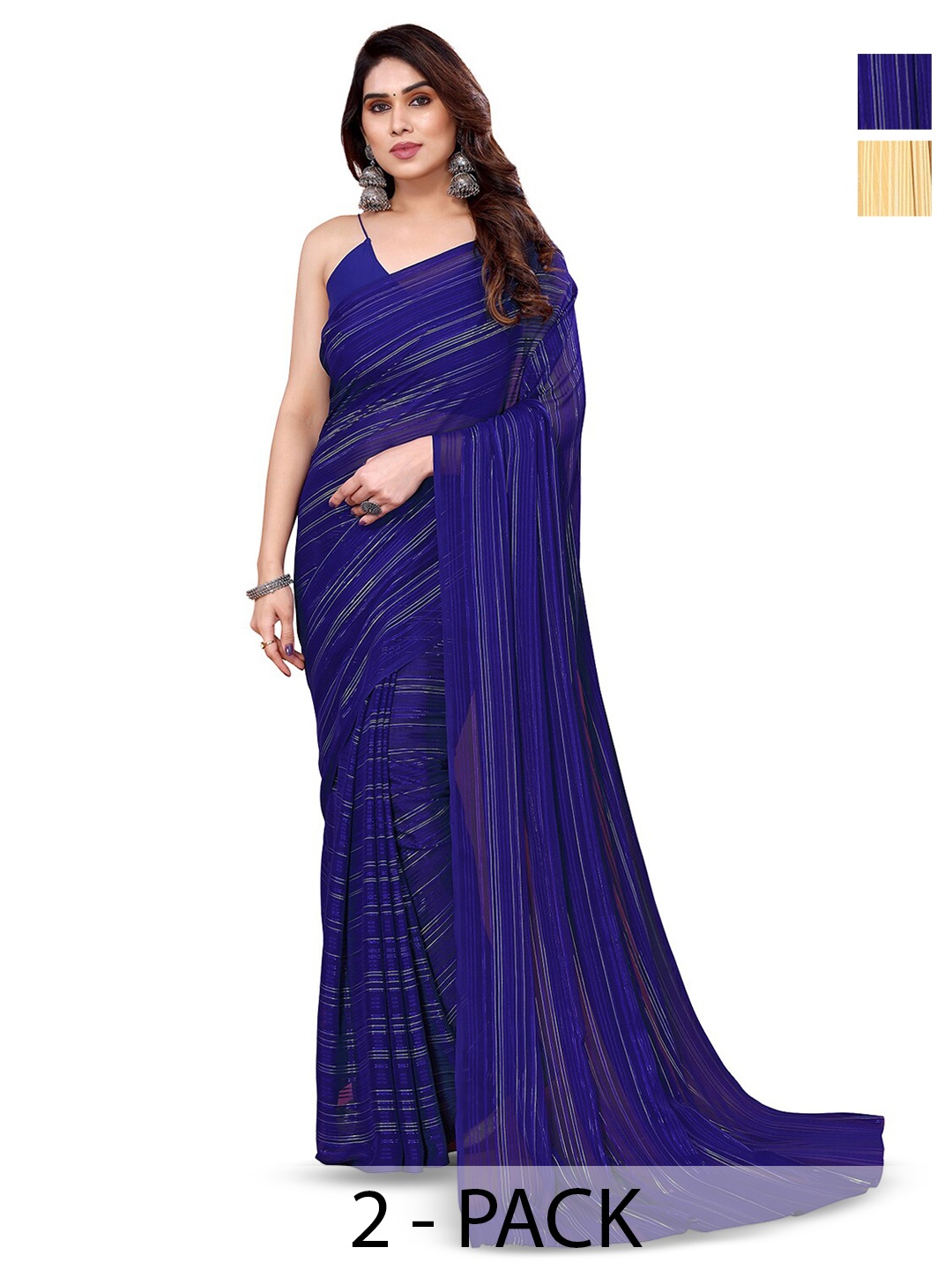 

ANAND SAREES Selection Of 2 Striped Satin Sarees, Blue