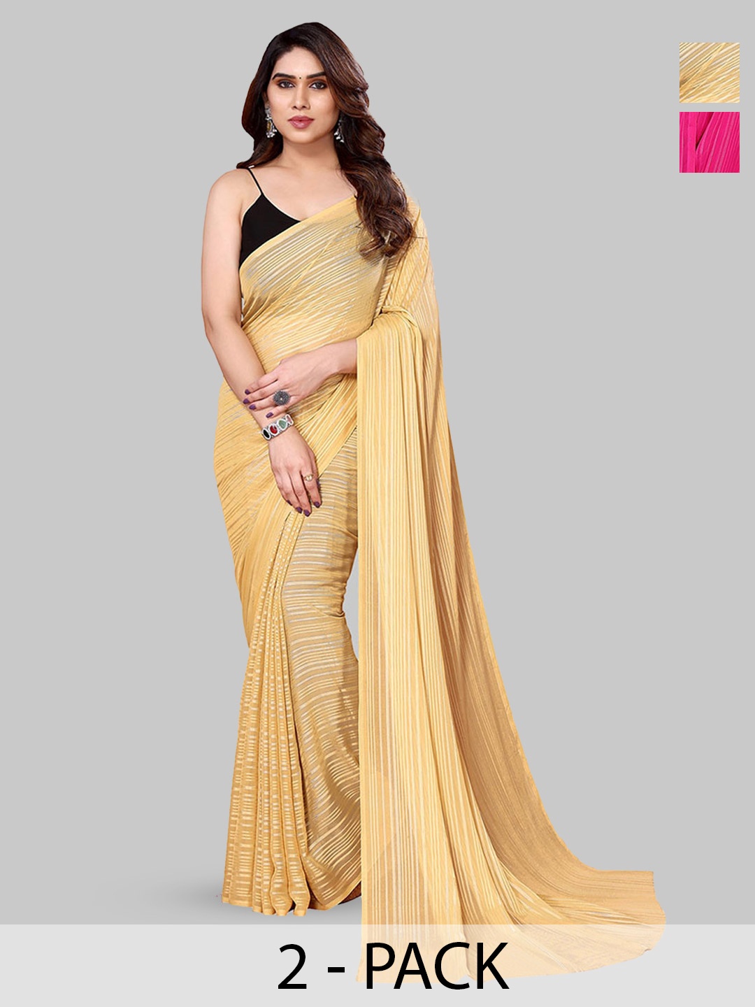 

ANAND SAREES Selection Of 2 Striped Saree, Fuchsia