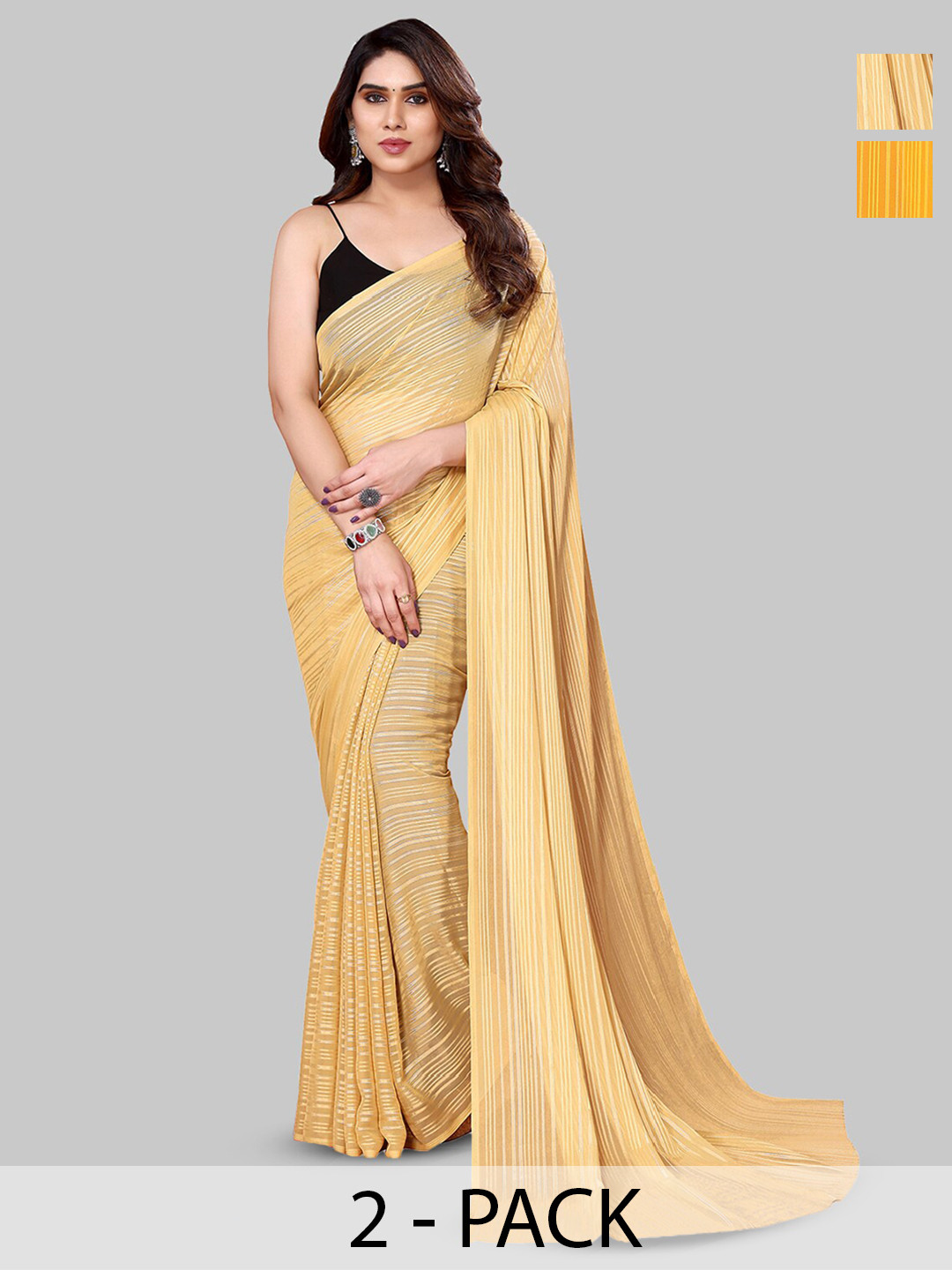 

ANAND SAREES Selection Of 2 Striped Satin Sarees, Beige