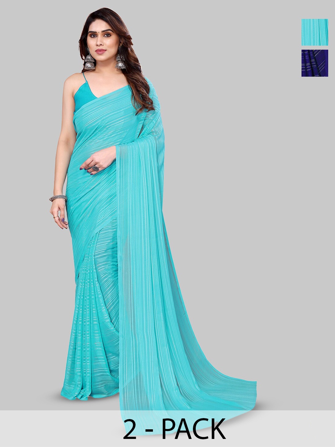 

ANAND SAREES Selection Of 2 Striped Satin Sarees, Blue