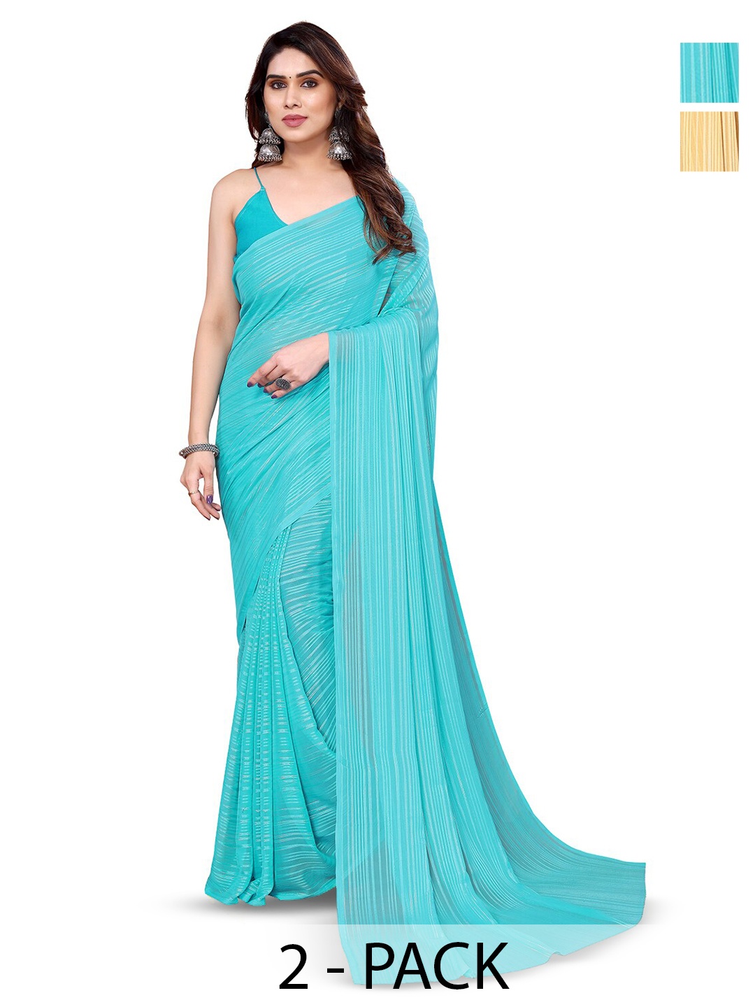 

ANAND SAREES Selection Of 2 Striped Satin Sarees, Beige