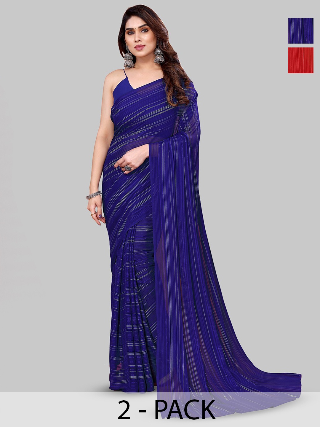

ANAND SAREES Selection Of 2 Striped Sarees, Red