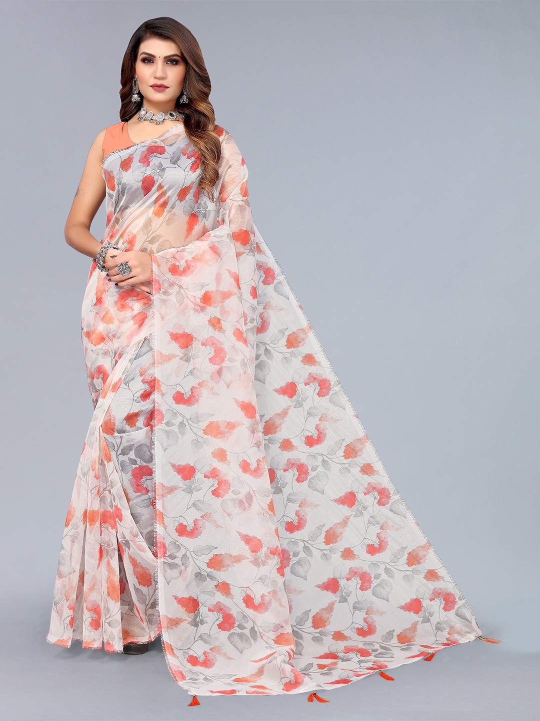 

Nimayaa Floral Printed Organza Saree, Peach