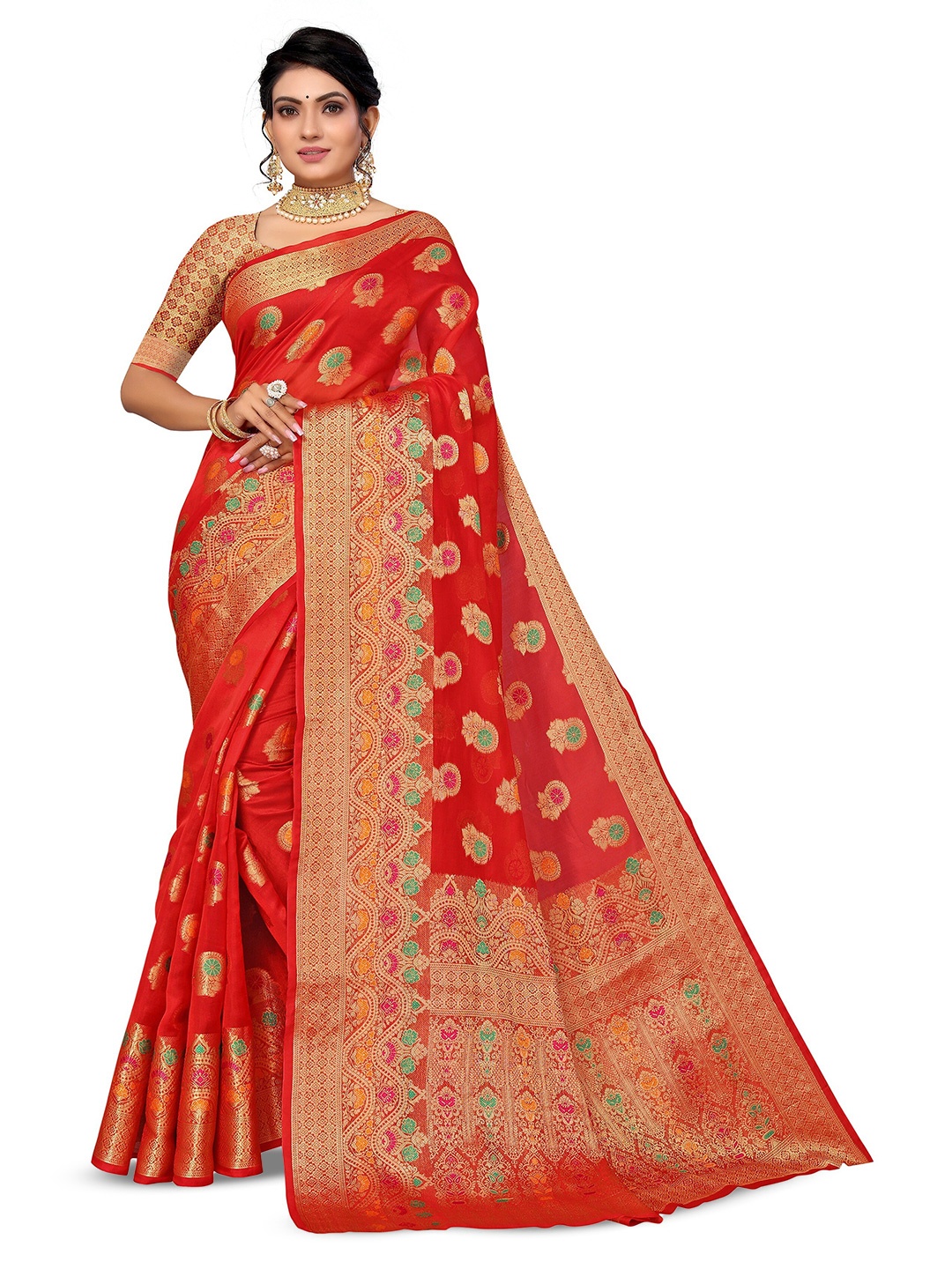 

Nimayaa Ethnic Woven Design Zari Organza Saree, Red