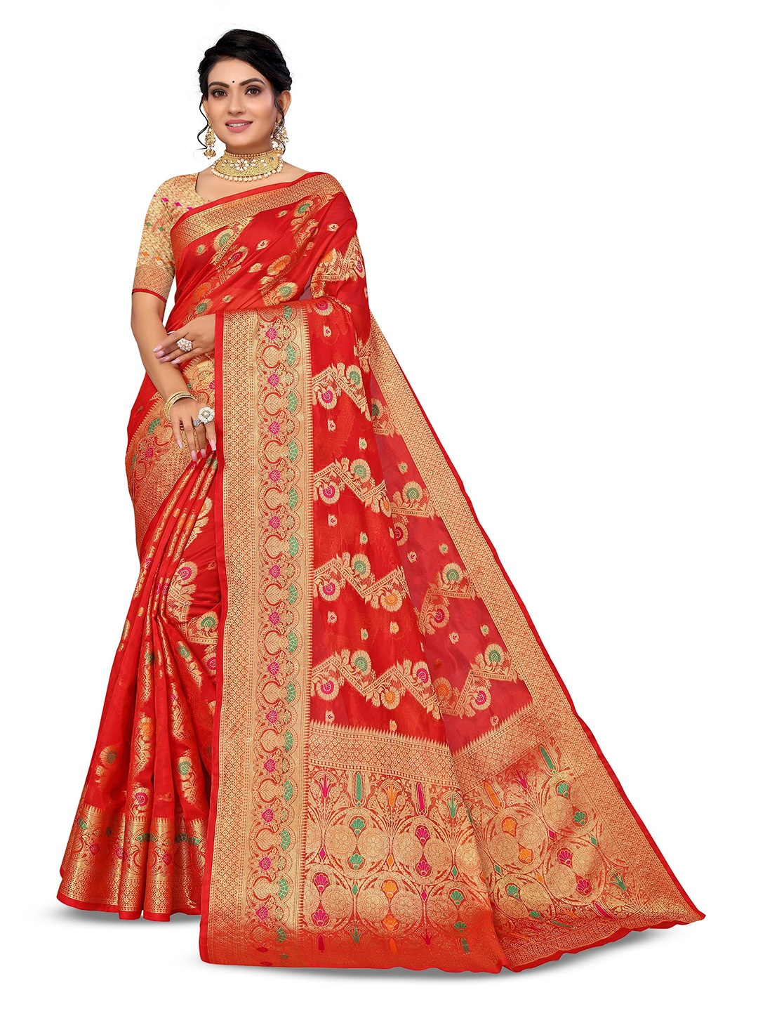 

Nimayaa Ethnic Motifs Woven Design Zari Organza Saree, Red