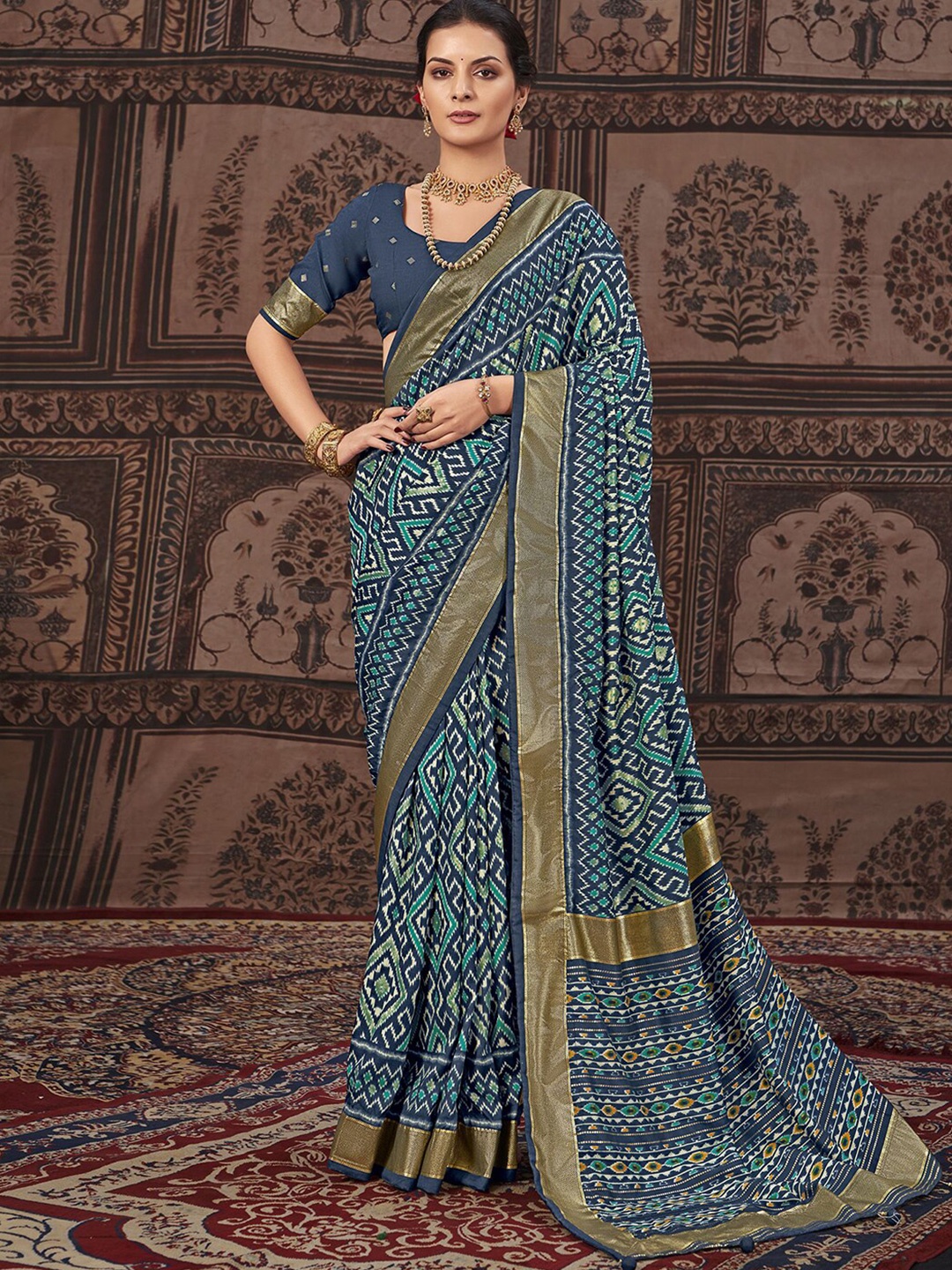 

Satrani Blue Ethnic Motifs Woven Design Zari Pure Silk Pochampally Saree