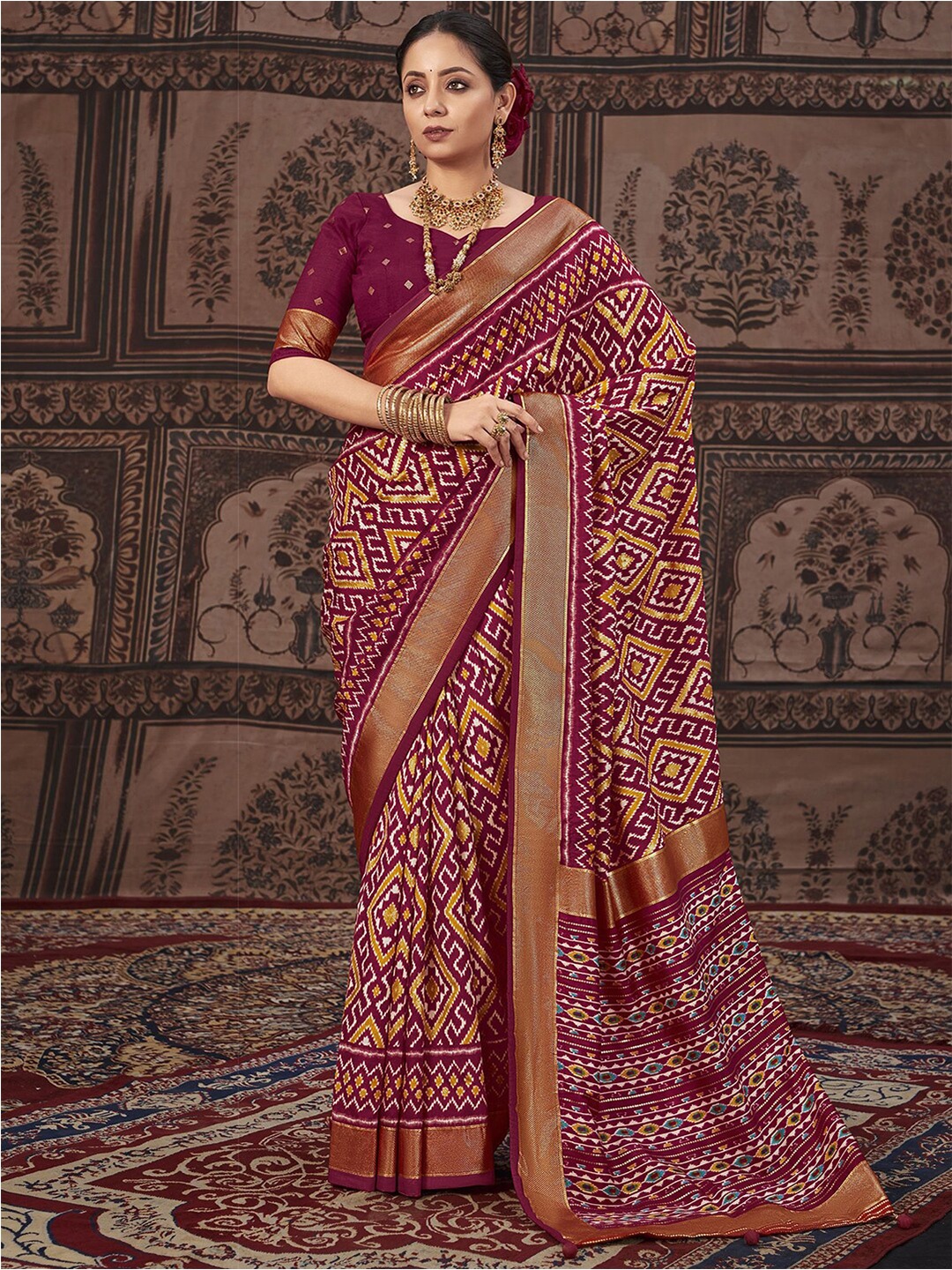 

Satrani Ethnic Motifs Printed Zari Pure Silk Pochampally Saree, Maroon