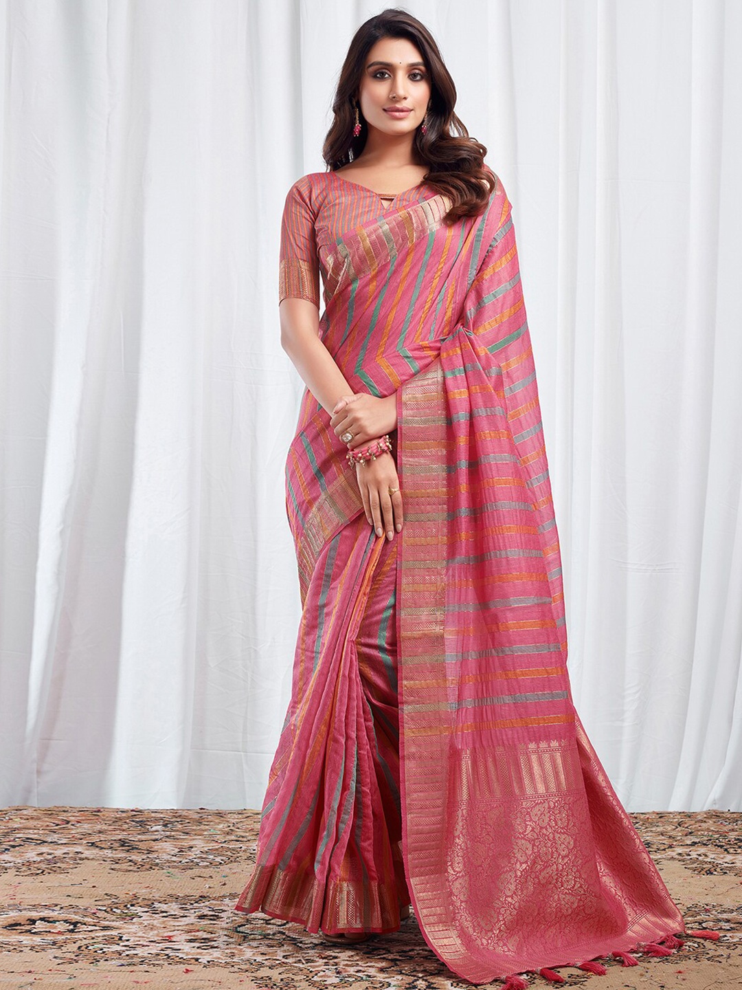 

Satrani Striped Woven Design Zari Silk Cotton Leheriya Saree, Pink