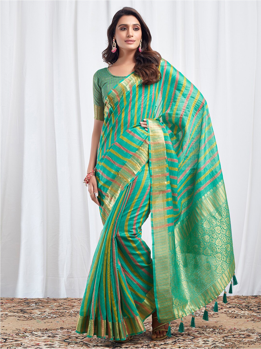 

Satrani Striped Woven Design Zari Silk Cotton Leheriya Saree, Green