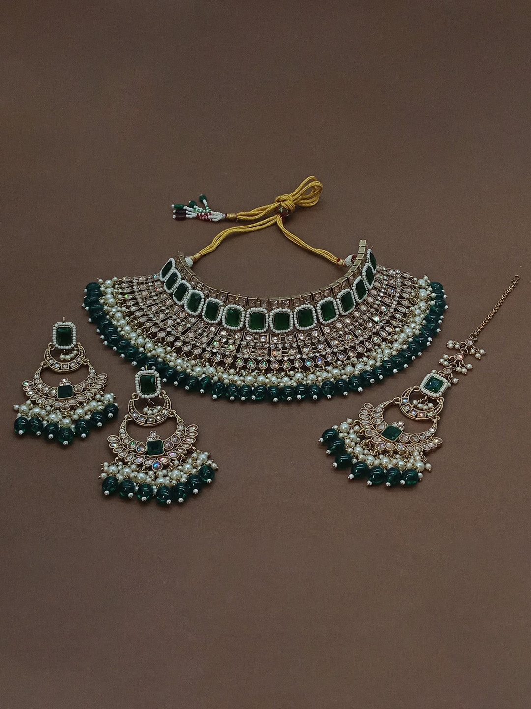 

AASHISH IMITATION Gold-Plated American Diamond-Studded & Beaded Jewellery Set