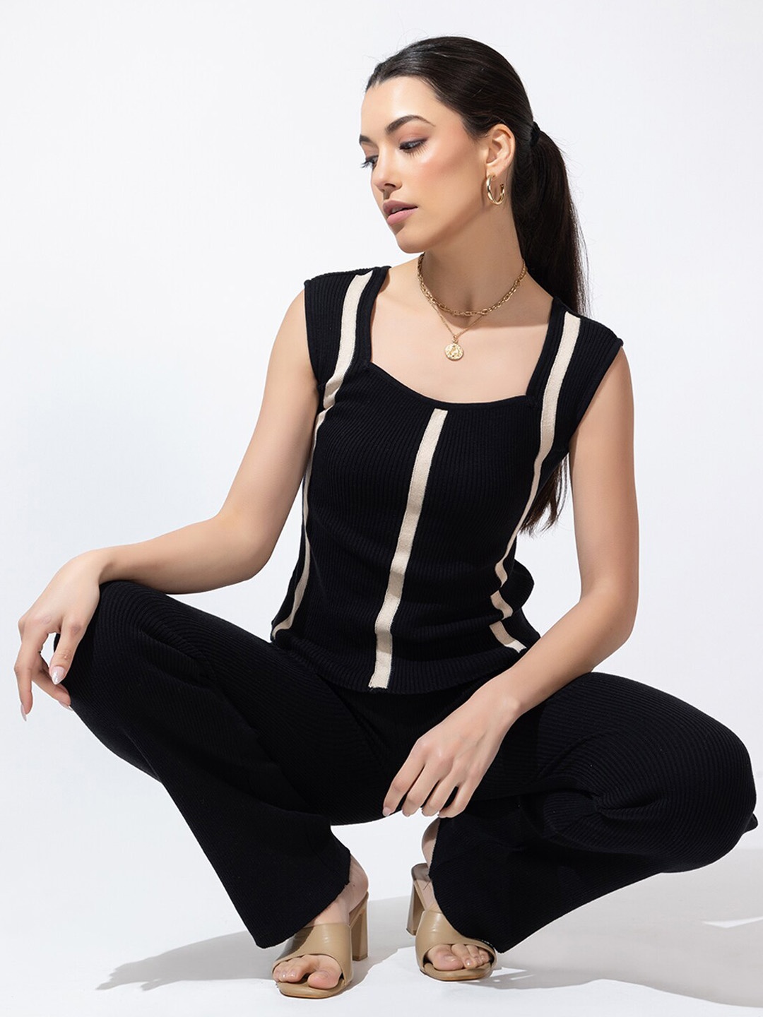 

ARMISTO Striped Square Neck Pure Cotton Top With Trouser, Black