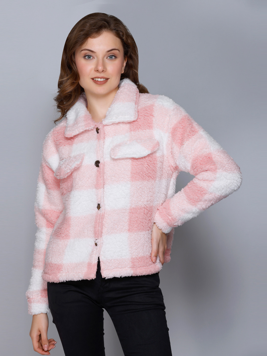 

Aerowarm Checked Spread Collar Long Sleeves Front-Open Sweatshirt, Pink