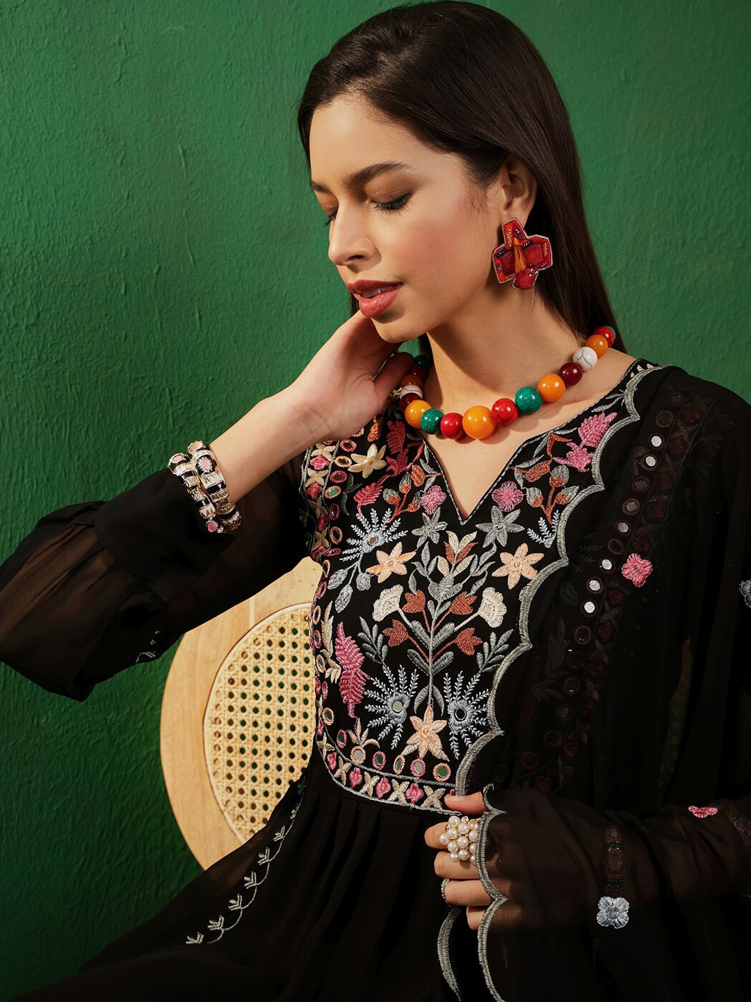 

Sangria V Neck Floral Embroidered A Line Kurta with Palazzos & Dupatta, Black