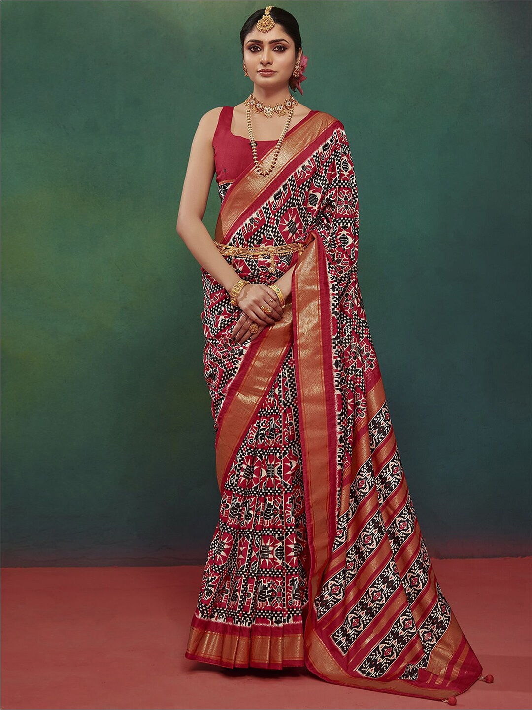 

Satrani Red & Black Ethnic Motifs Woven Design Zari Pure Silk Sungudi Saree