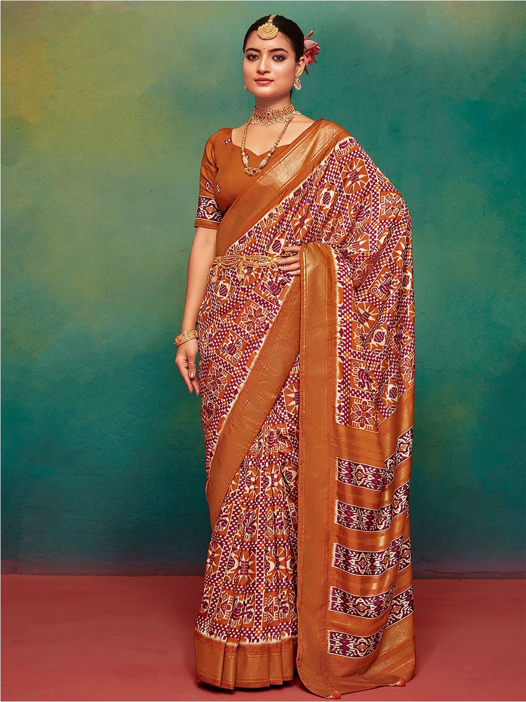 

Satrani Ethnic Motifs Zari Pure Silk Sungudi Saree, Orange