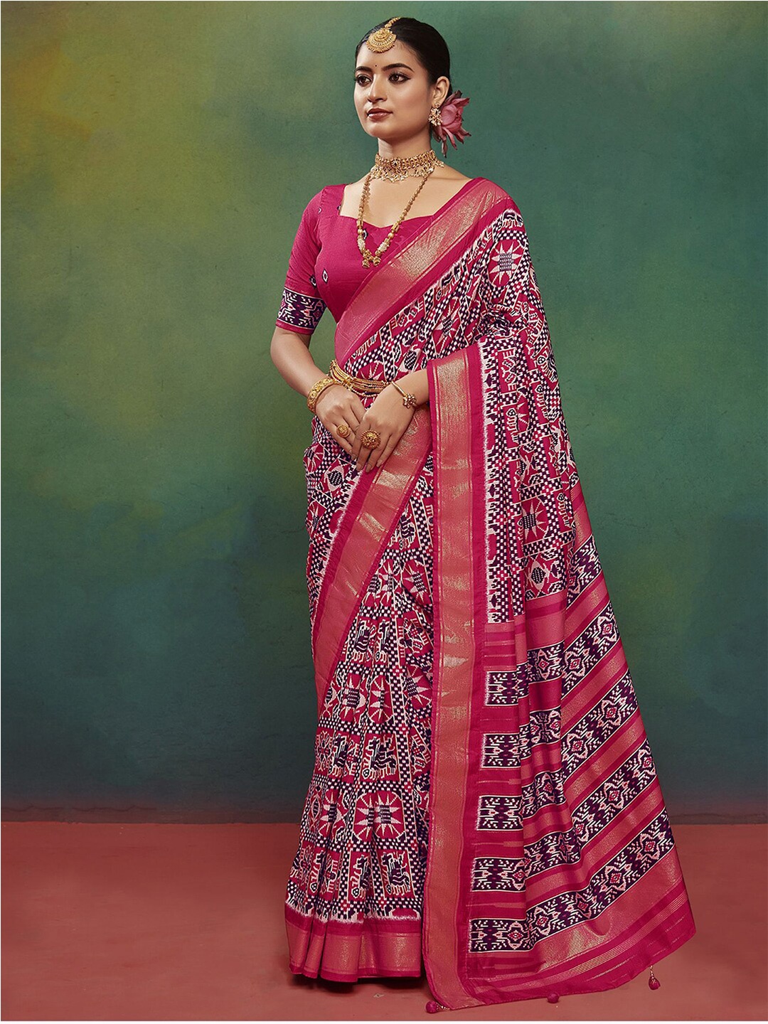 

Satrani Pink & Purple Ethnic Motifs Woven Design Zari Pure Silk Sungudi Saree