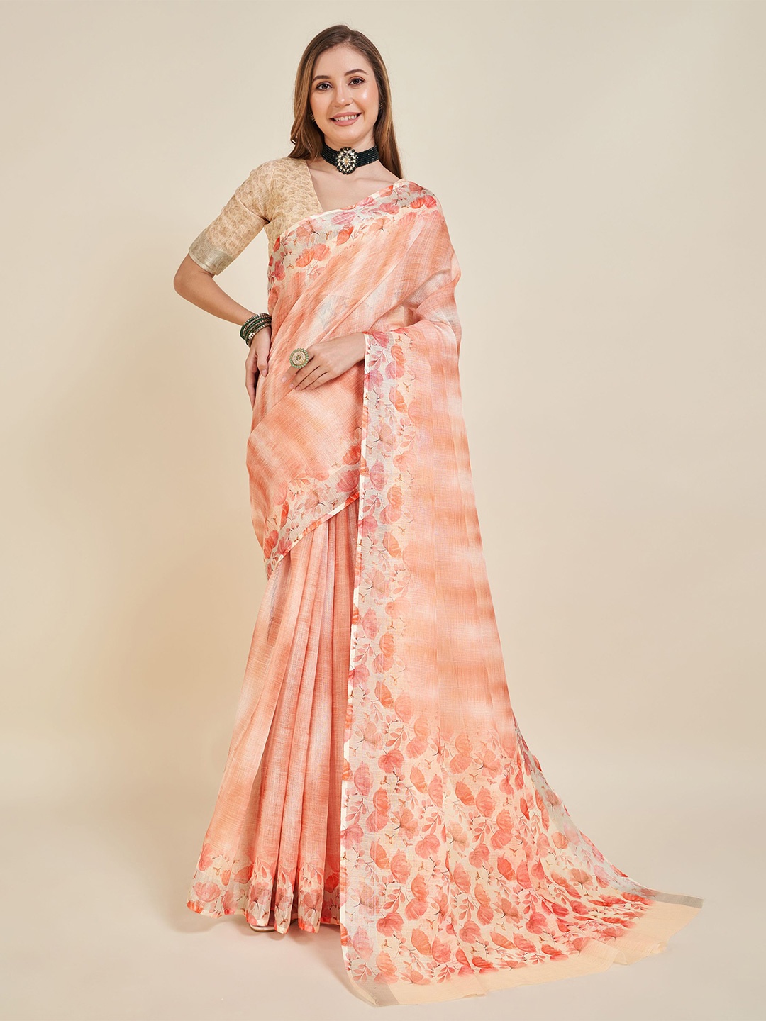 

Fevinaa Tie and Dye Printed Linen Orange Saree