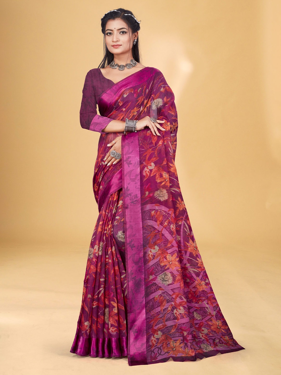 

Fevinaa Floral Printed Silk Cotton Saree, Purple