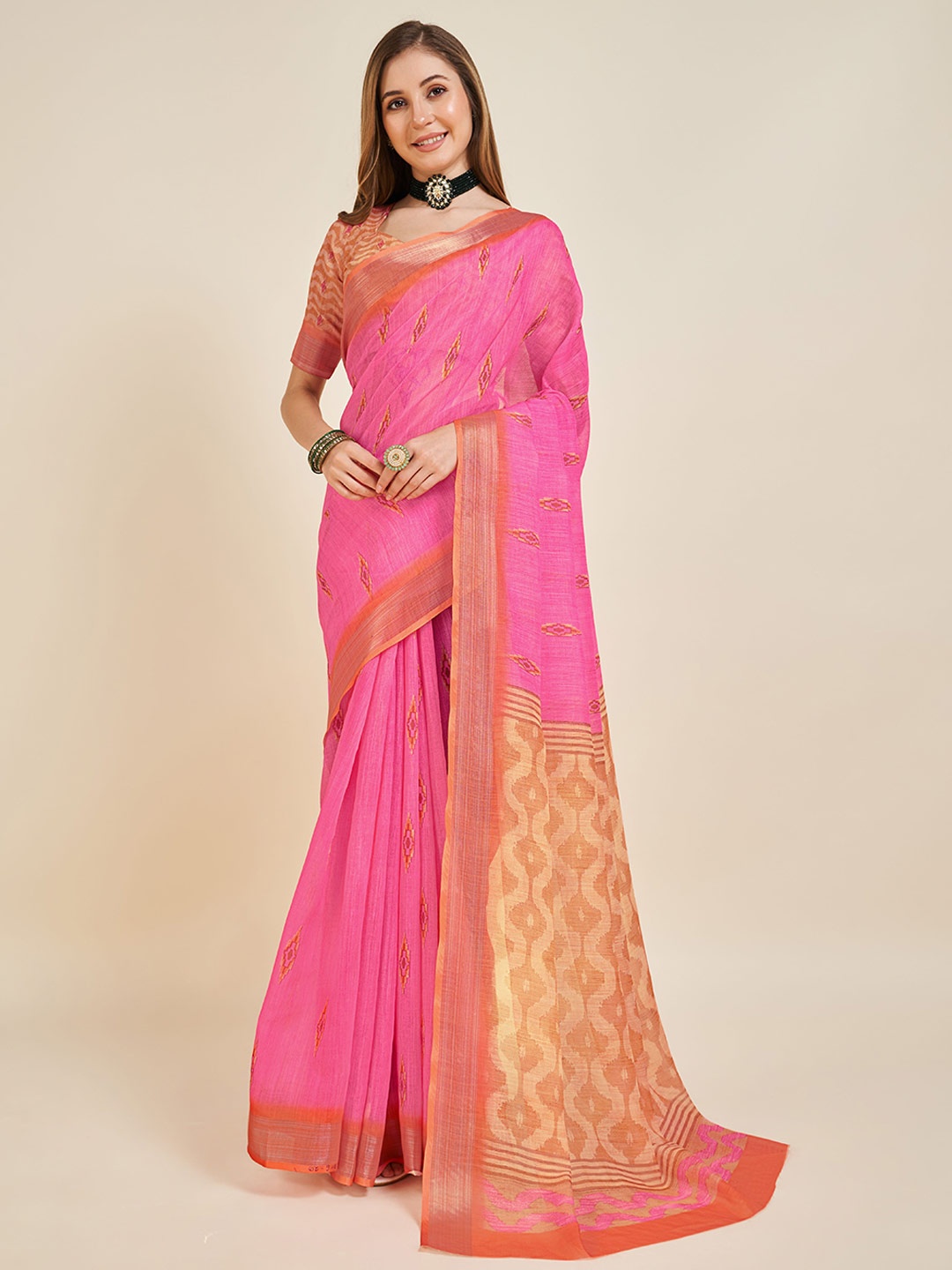 

Fevinaa Geometric Printed Linen Zari Saree, Pink