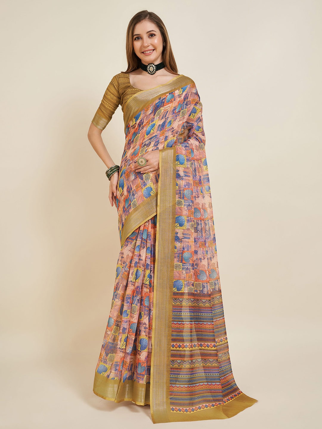 

Fevinaa Floral Printed Linen Zari Saree, Olive