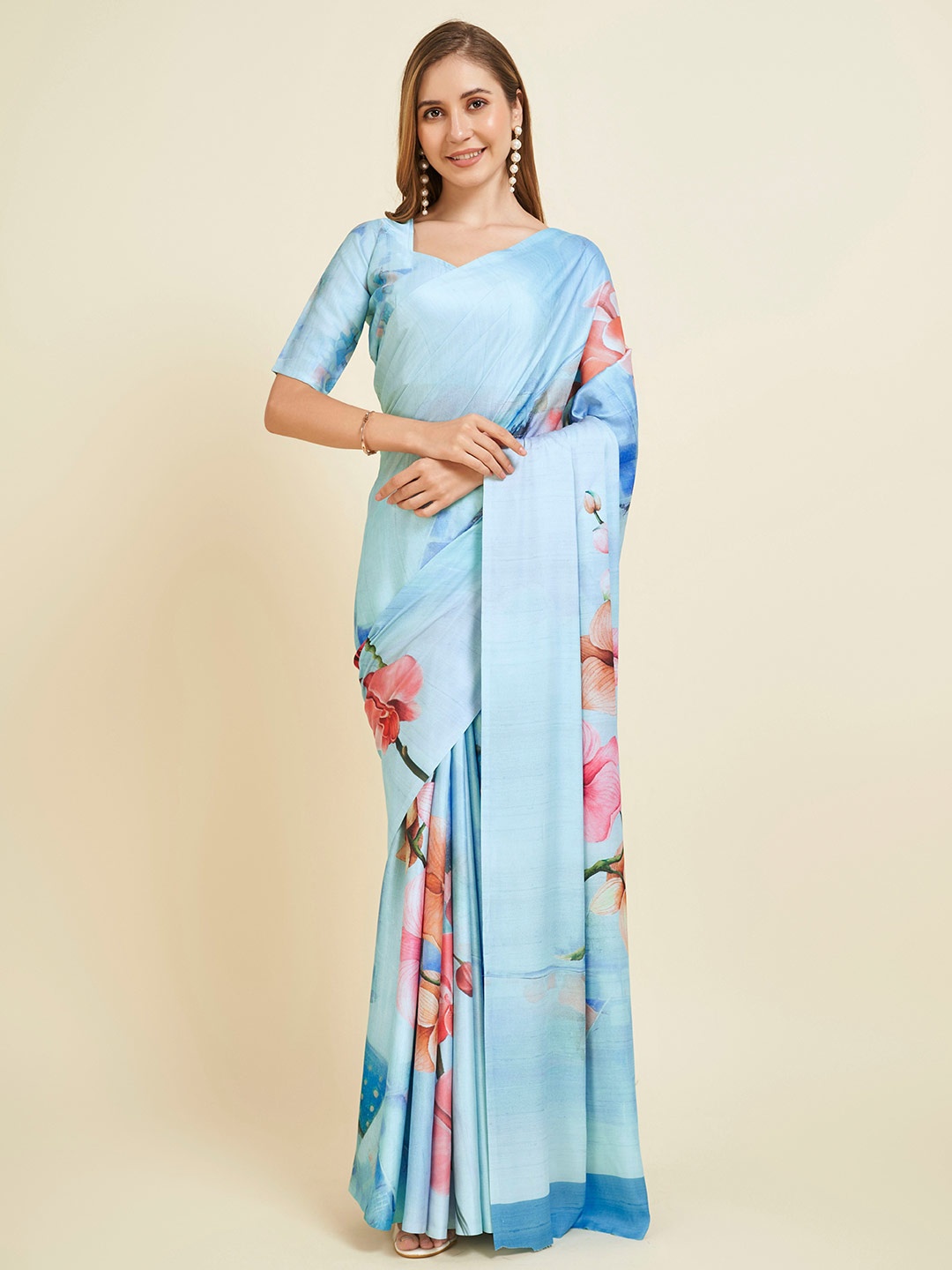 

Fevinaa Floral Printed Satin Saree, Blue
