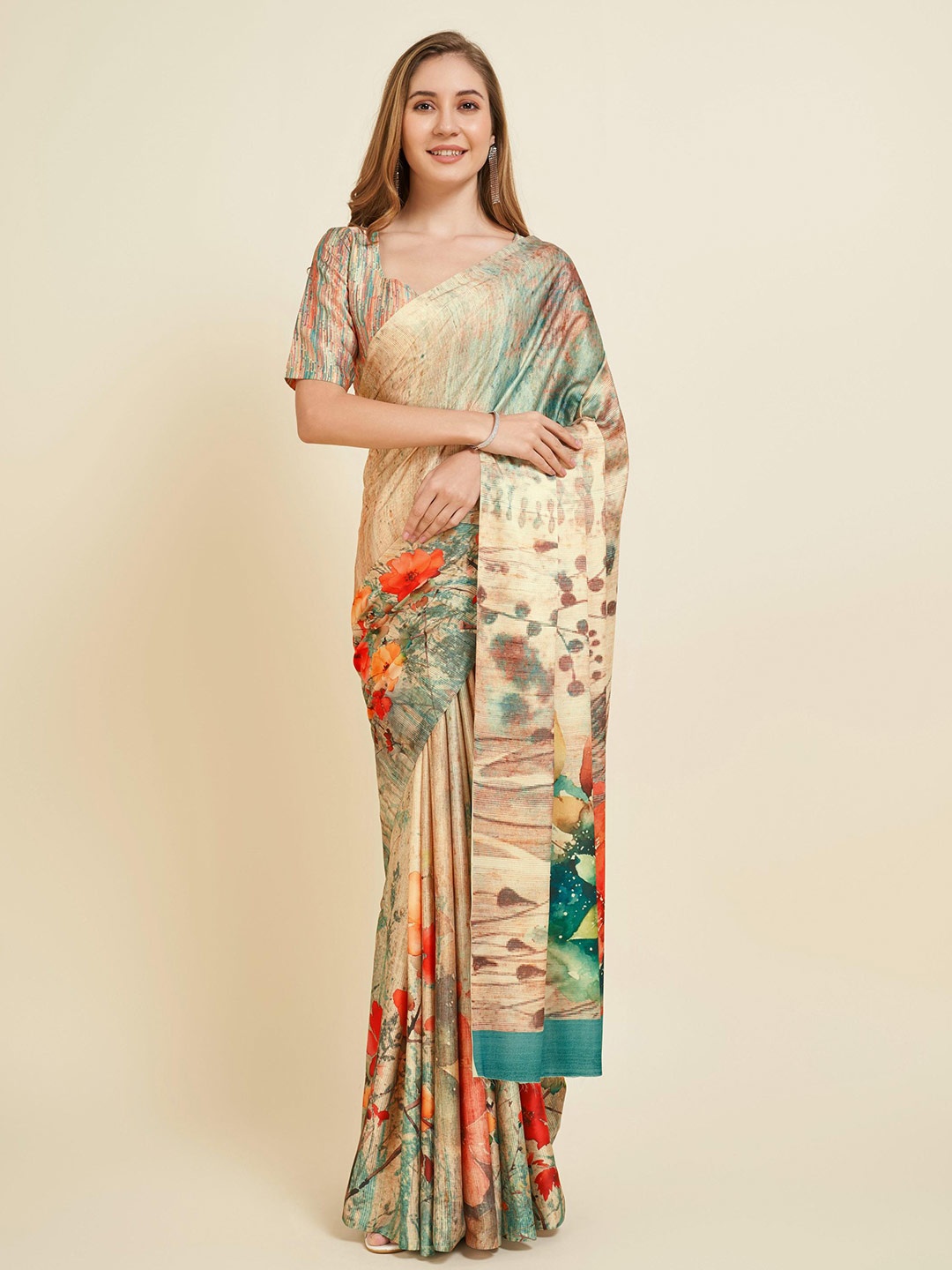 

Fevinaa Floral Printed Satin Saree, Yellow