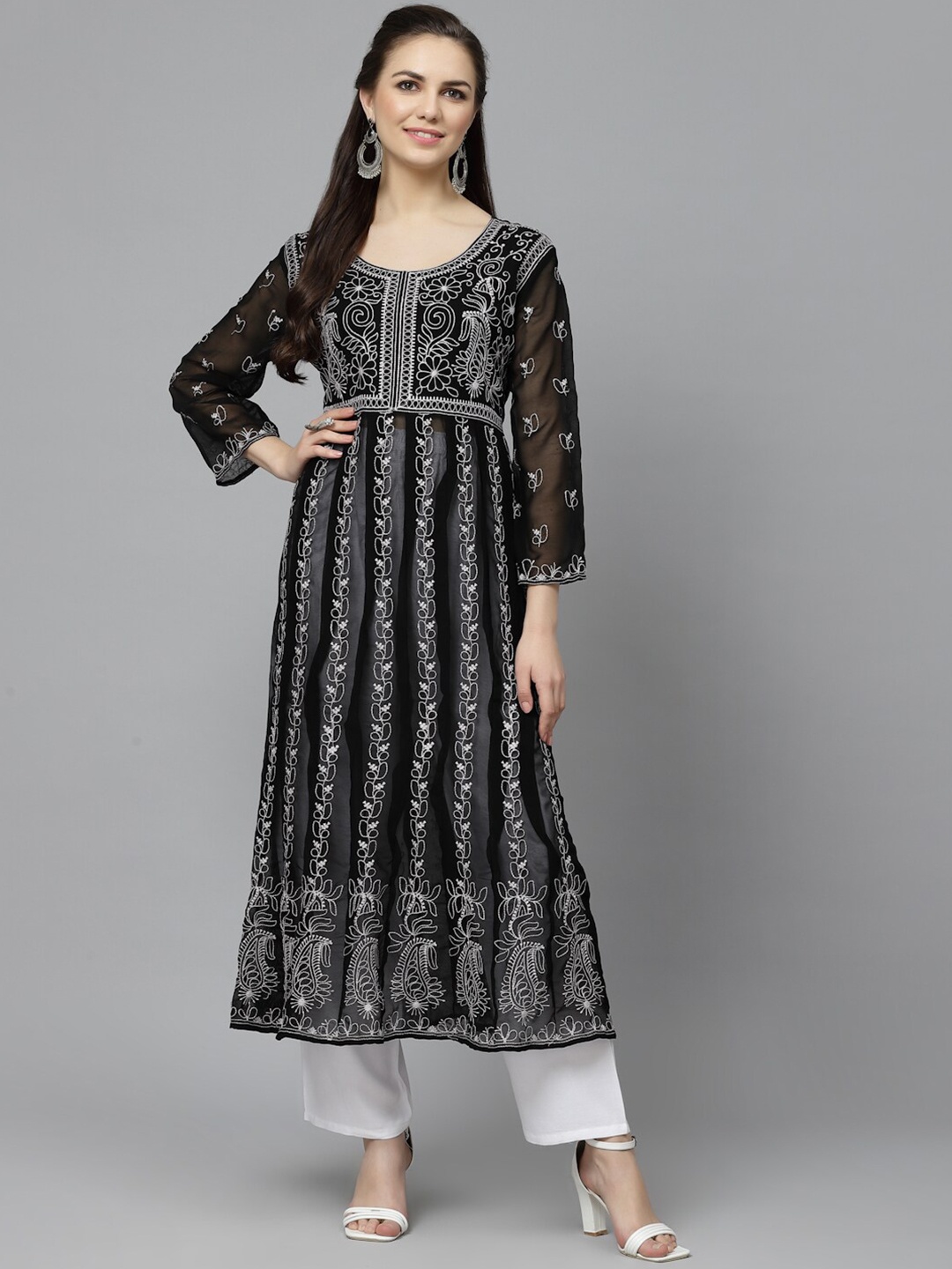 

KALINI Geometric Striped Flared Sleeves Sequinned Georgette Anarkali Kurta, Black