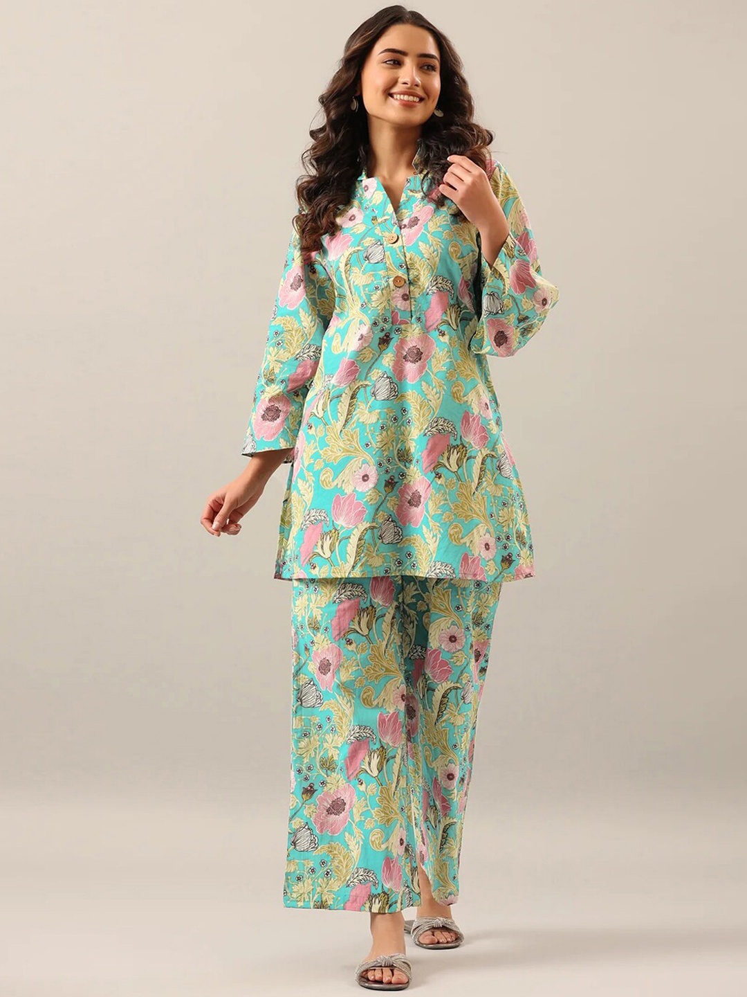 

Selvia Floral Printed Lapel Collar Tunic & Trouser, Turquoise blue