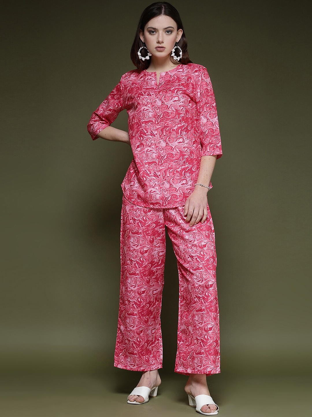 

Selvia Abstract Printed Notched Neck Tunic With Trouser, Pink