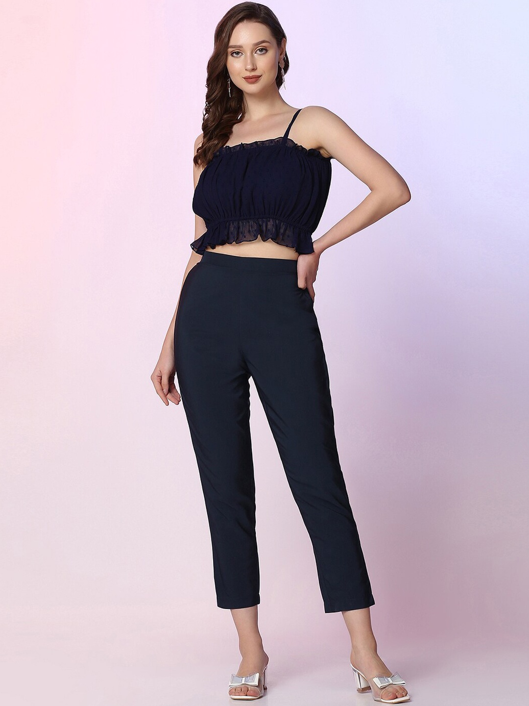 

Selvia Dyed Shoulder Strap Top & Flared Trouser, Navy blue