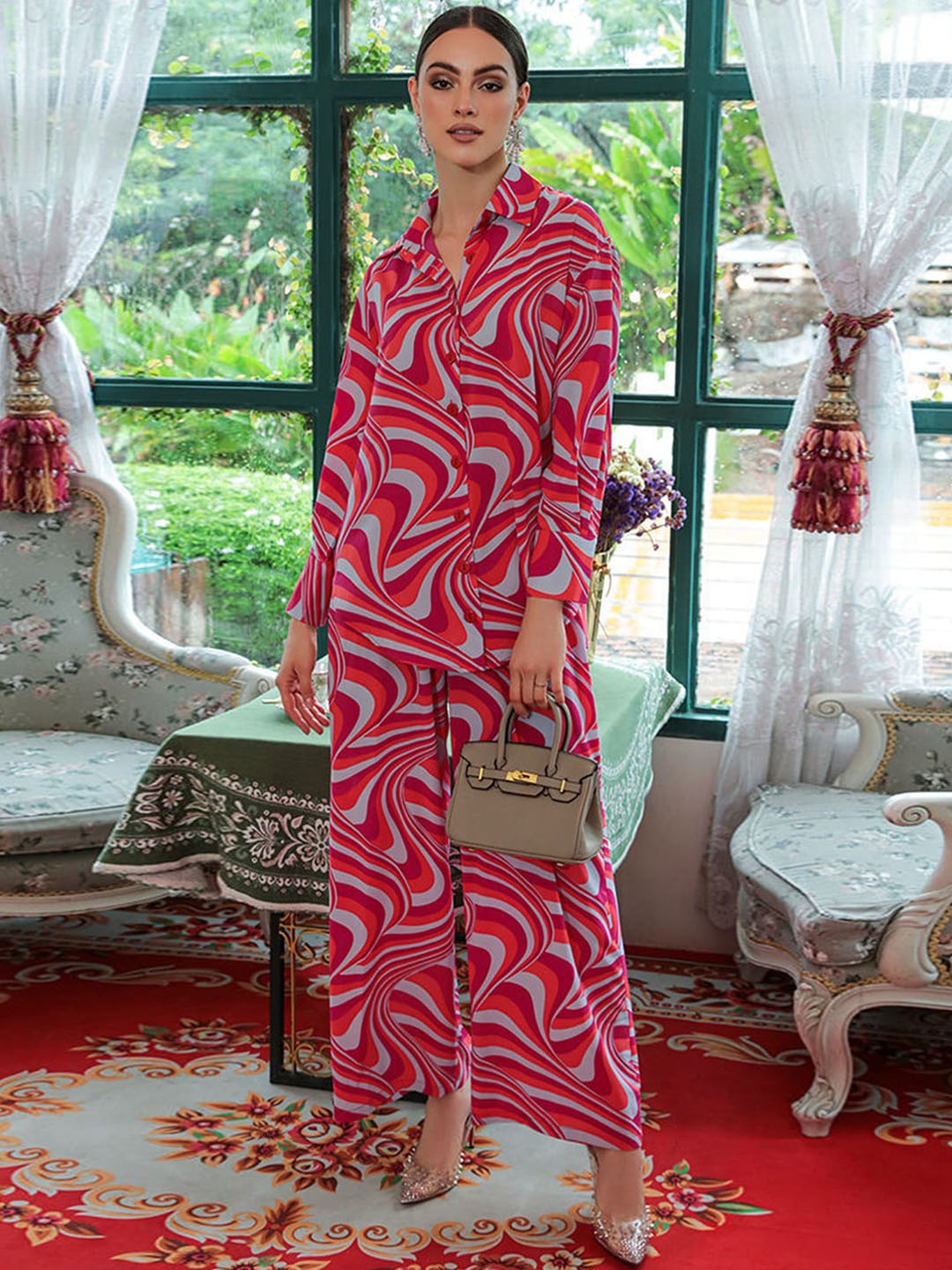 

Selvia Abstract Printed Shirt With Trouser, Pink