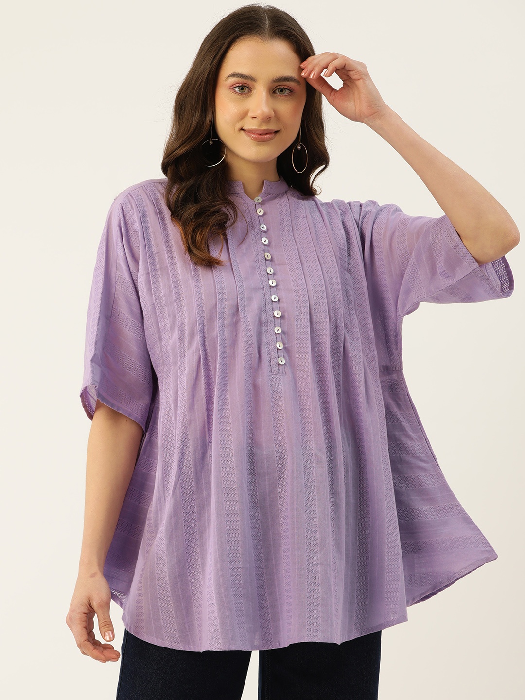

MISRI Mandarin Collar Batwing Sleeves Cotton Longline Top, Purple